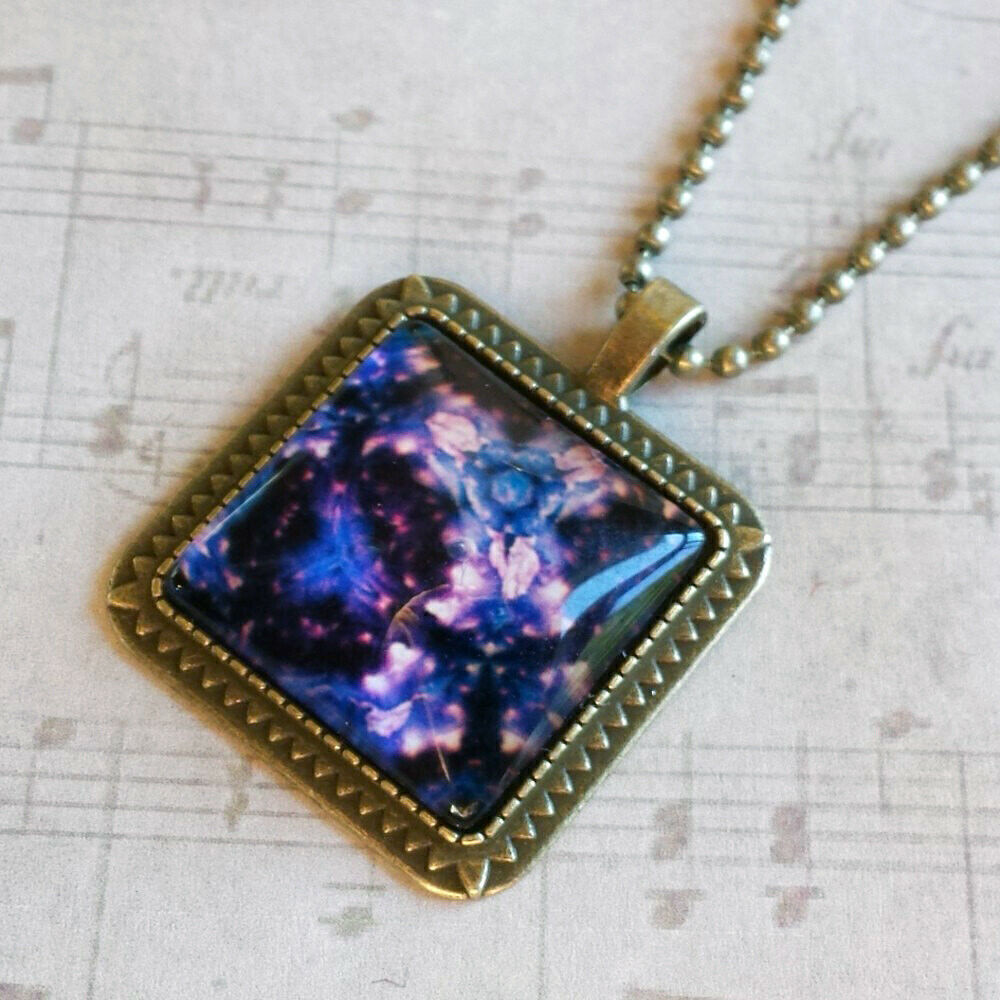 Blue & Purple Flowers Abstract Square Antiqued Brass Glass 27" Long Necklace